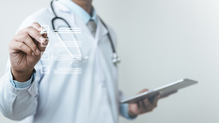 Doctor using digital interface for healthcare service and medical consultation. Concept of diagnosis, patient care, health technology, clinical evaluation, and modern medical practice.