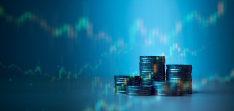 Stacked coins with financial market chart background representing investment portfolio, stock market performance, interest rates, and returns. Concept of wealth growth, risk allocation.