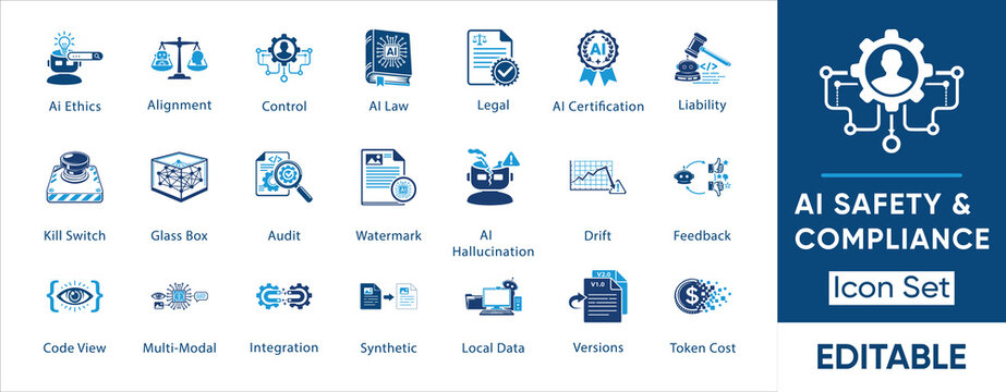 Ai safety and compliance icon set. Containing ai law, ethics, liability, hallucination, watermark, audit, token cost and more. Solid vector icons collection.