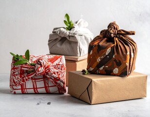 A set of gifts wrapped in colorful fabric on boxes