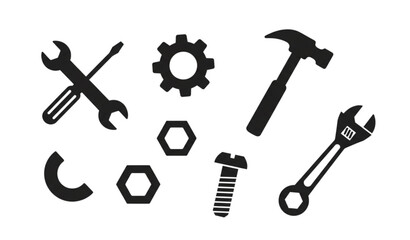 Fototapeta premium Flat Repair and Maintenance Tool Silhouette Icons Collection for Engineering and Service Design