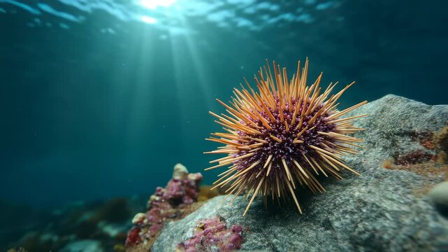 Sea urchin rests on rocky seabed while sunlight filters through water in clear ocean during daytime in a marine environment