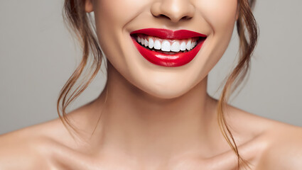 A closeup of a woman with radiant smile red lipstick and perfect teeth showing joy and confidence in beauty transparent background