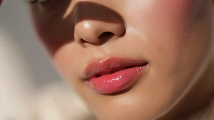 Closeup of a woman with glossy pink lips smooth skin and soft lighting highlighting her facial features naturally transparent background