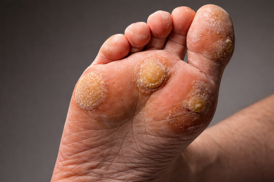 Glucose monitor insulin therapy blood sugar diabetic care foot shows painful plantar callus with dry cracked skin and medical problem needing treatment and prevention