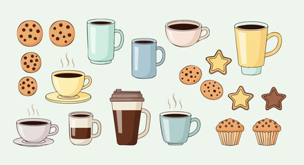 Obraz premium Coffee and Treats Collection - Mugs, Cookies, and Cupcakes.