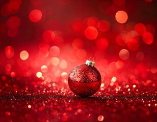 A shiny red Christmas ornament on a glittery red background