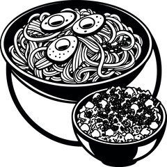 Noodle Bowl with Toppings and Rice Bowl  Asian Cuisine Black and White Illustration isolated  on White Background.
