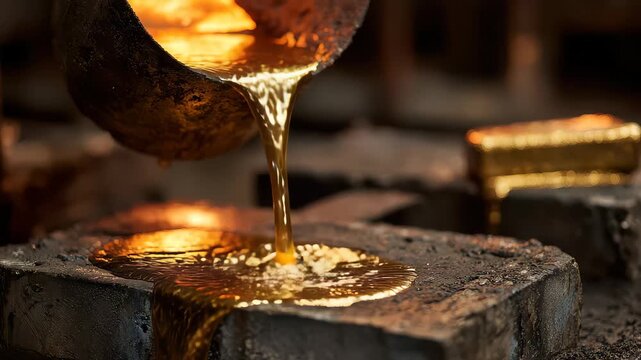 Liquid gold is poured into molds at a foundry during the day as workers create gold bars through alloy casting processes