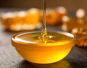 A small bowl filled with honey with a stream pouring in