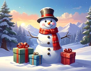 A snowman in a winter landscape with gifts