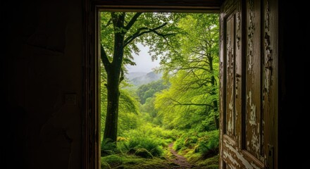 Fototapeta premium A view through an old wooden door into a lush, green forest with a winding path leading into the distance.