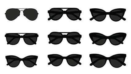 Set of nine different sunglasses silhouettes in various styles and shapes including aviator and cat-eye for fashion and summer themes. © Mohashin