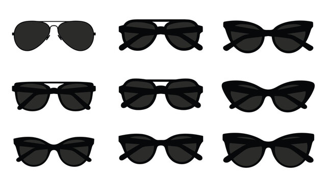 Set of nine different sunglasses silhouettes in various styles and shapes including aviator and cat-eye for fashion and summer themes.