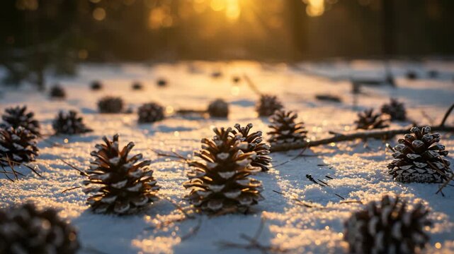 Brown Pine Cones on Snowy Forest Floor at Sunset