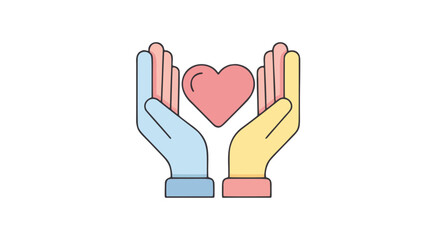 Obraz premium Minimalist Two Hands Cradling Red Heart in Light Blue and Yellow Design Depicting Warmth and Kindness Graphic