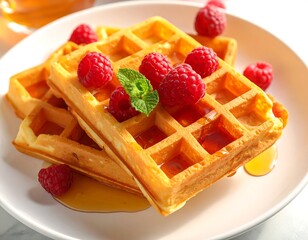 A stack of golden waffles with raspberries and syrup on white plate