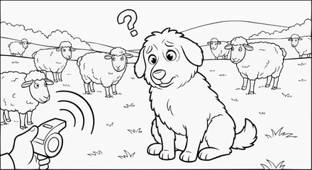 Children's coloring book - The fluffy shepherd looks at the whistle with a confused look