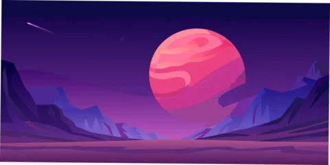 Fotobehang Violet A large pink and red egg hovers over a purple landscape with mountains  © Ganesh