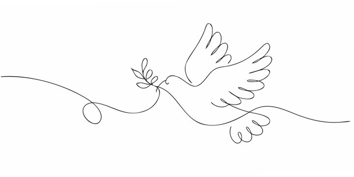 A continuous line drawing depicting a dove carrying an olive branch