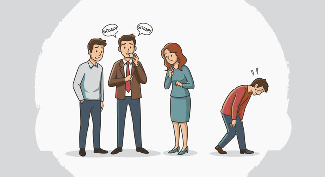 An illustration showing a sad, excluded individual while a group of people gossips and whispers, emphasizing social isolation and workplace bullying.