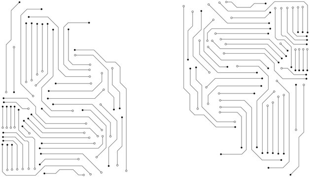 Technology black circuit diagram. High-tech circuit board connection system. Vector abstract technology on white background.