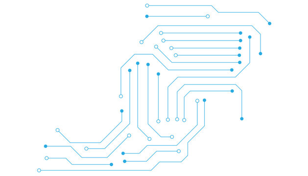 Blue circuit board on transparent background. Thin line wires and dots. AI chip innovation concept. Tech pattern for web, banner design, and presentation bg. Digital vector illustration.