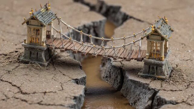 Small bridge model placed on dry cracked earth with a clear gap in the ground during daytime