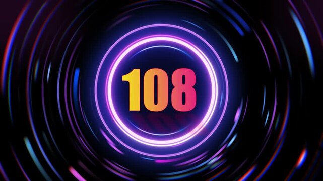 Neon lit 108 numbers in purple circles with blue swirls on black background animation