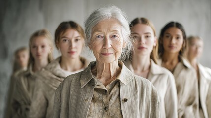 Fototapeta premium Strong senior woman leading diverse generations of women symbolizing wisdom, leadership, equality and global empowerment on International Women’s Day