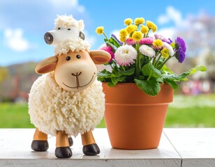 A stuffed sheep and lamb sit beside a flower pot