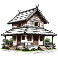 A traditional two-story wooden house with a thatched roof