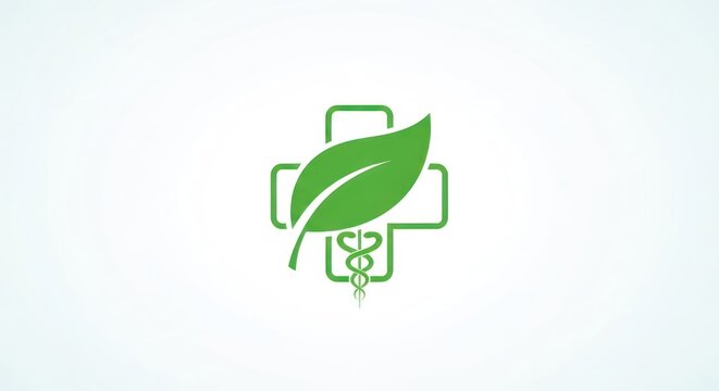 A green leaf with a medical cross and caduceus symbol on a white background.