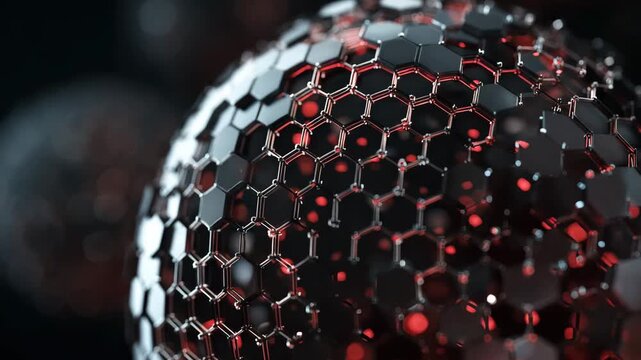 Futuristic Molecular Nanotechnology Structure 3 D Animation Closeup of Carbon Atoms and Chemical Bonds in Tech Scientific Research Simulation Glowing Red Nodes in Dark