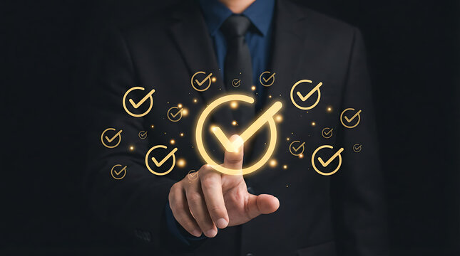 Businessman pressing digital check mark icon on virtual screen representing quality assurance approval success and task completion in business management and project development