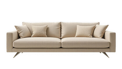 Fototapeta premium Elegant contemporary beige fabric sofa featuring plush throw pillows and modern metallic legs for luxurious living room furniture staging on transparent background