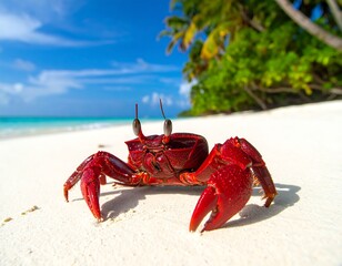 A vibrant red crab on a pristine sandy beach