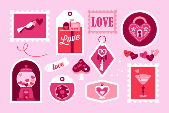 Valentine's day modern stickers and stamps design in trendy geometrical style. Template for greeting cards, banner, social media and sale marketing