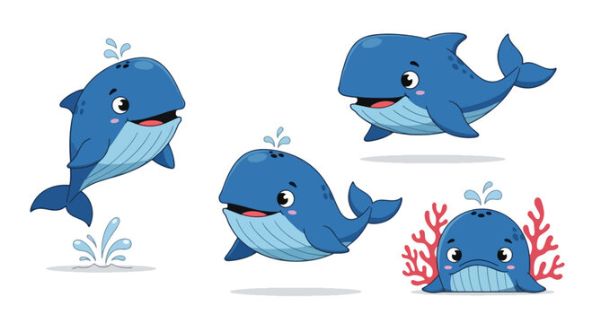 Adorable blue cartoon whales playfully swimming and spouting water