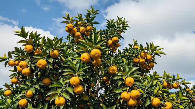 Ripe tangerine tree under blue sky with clouds