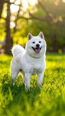 A white dog with its mouth open standing in green grass