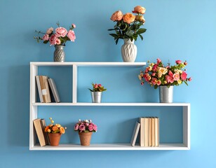 A white shelf with books and potted flowers on a blue wall