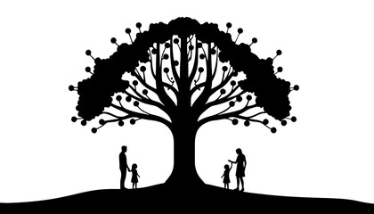A black silhouette of a family under a large tree with branches