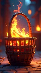 A wicker basket engulfed in vibrant flames on a stone floor