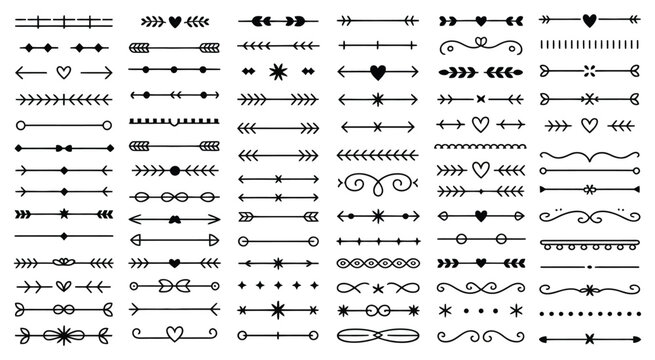 Decorative text divider set with hand drawn line ornaments vector  floral flourish borders, elegant page break symbols, and wedding invitation header elements for creative design projects.