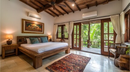 Fototapeta premium Cozy and Inviting Bedroom with Wooden Décor and Natural Light in Serene Tropical Setting