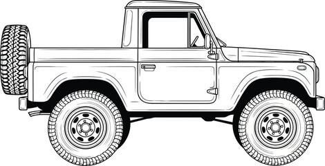 Classic offroad pickup truck with a rearmounted spare tire detailed black and white line art illustration. © Vhya