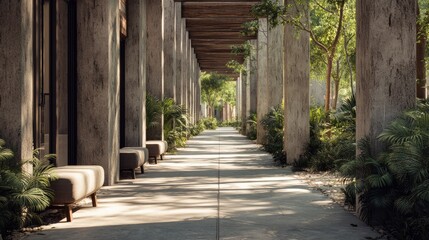 Obraz premium A Tranquil Pathway Surrounded by Lush Greenery and Modern Architecture in a Serene Outdoor Environment