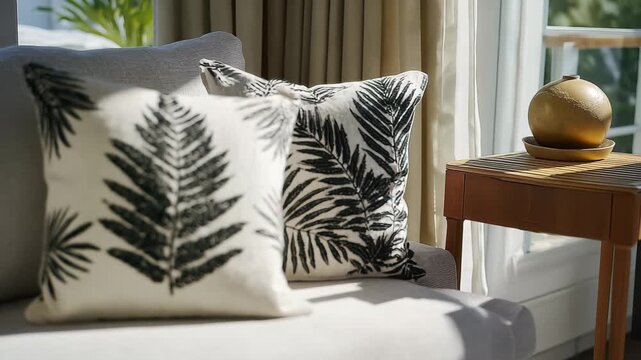 Cushions with fern design on a light sofa in a bright room during the day with sunlight coming through the window