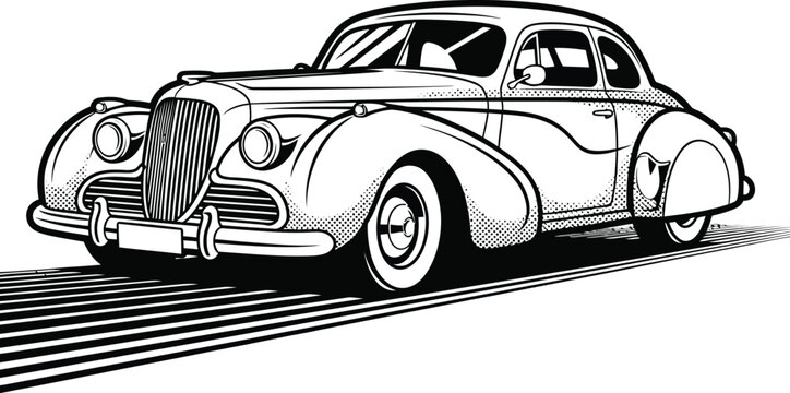 Classic vintage coupe car with large fenders and grille in a bold black and white graphic illustration style.